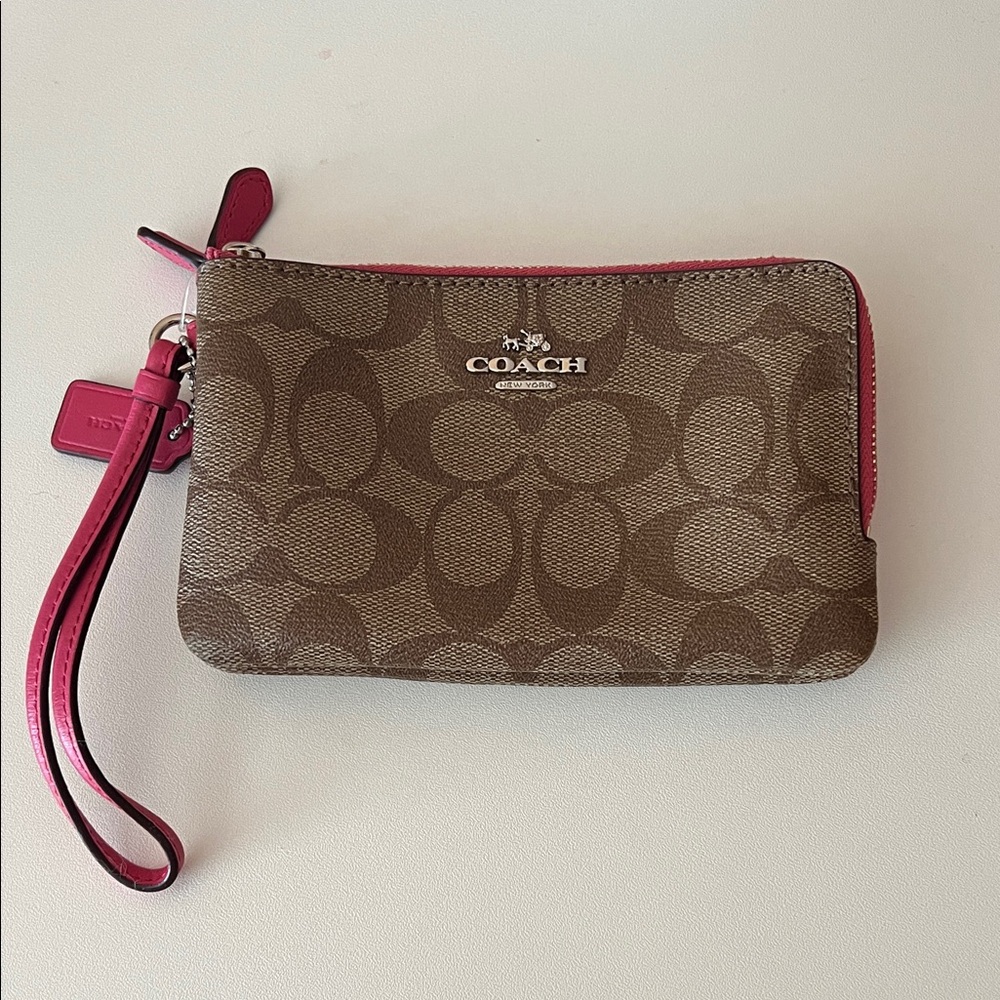 NWT Coach Signature Brown Wristlet with Pink Trim